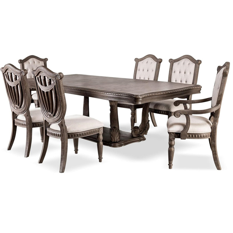 Ensemble de salle à manger en chêne patiné 7 pièces Vintage Luxury, 7 pièces : table, 6 chaises