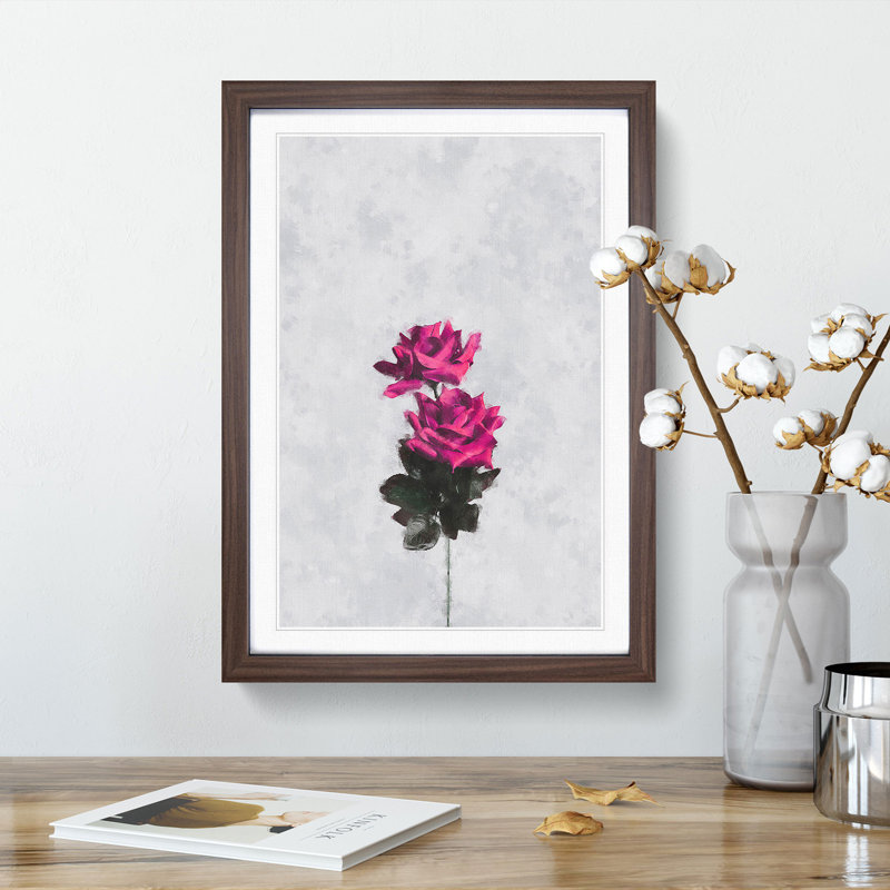 Two Pink Roses - Single Picture Frame Painting on MDF, 63cm H x 45cm W x 2cm D, Walnut Framed