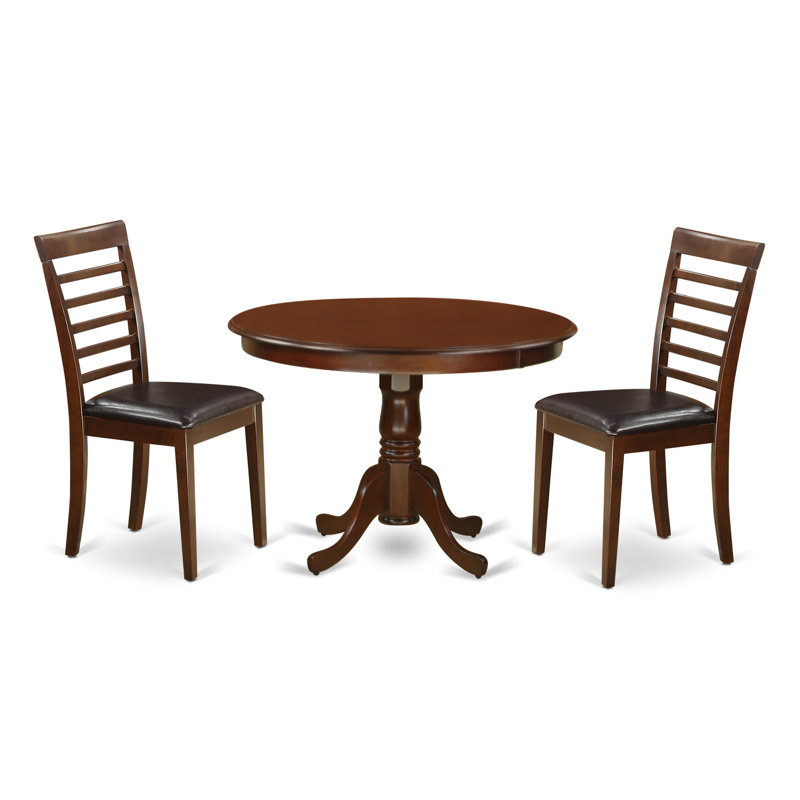 Round Mahogany Finish Solid Wood Top Dining table with Lattice Back, 3 Pieces: 1 Table, 2 Chairs