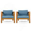 Fauteuil club d'extérieur en bois d'acacia avec coussins (ensemble de 2), ensemble conversation, finition teck, coussin bleu-230731398