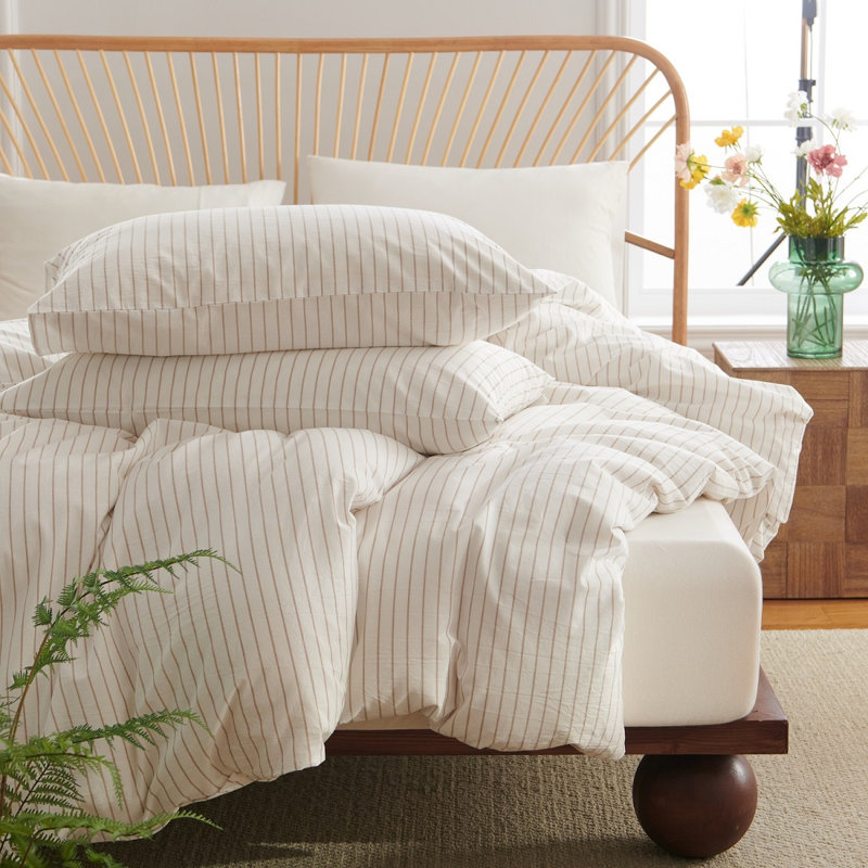 Ensemble de housse de couette rayée en coton délavé comme du lin, Housse de couette pour très grand lit + 2 taies d
