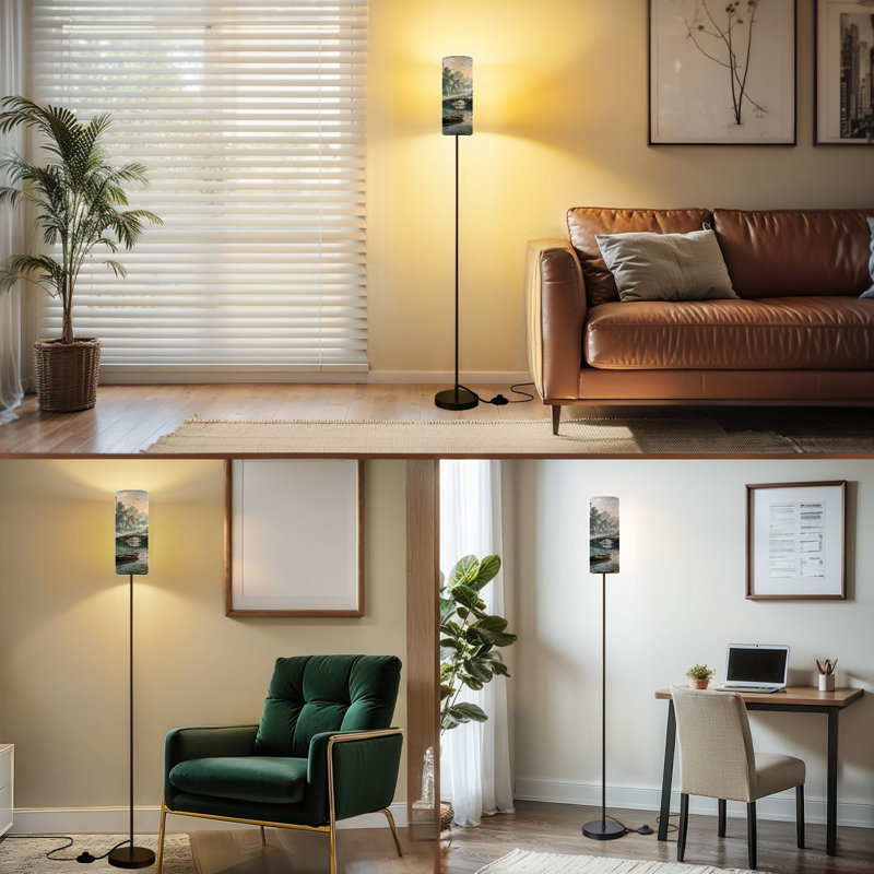  68.5" Standing Floor Lamp Serene Mountain Landscape Traditional Chinese Pavilion Arched Bridge Dimmable Metal Pole Lamp with Linen Lampshade LED Bulb Included