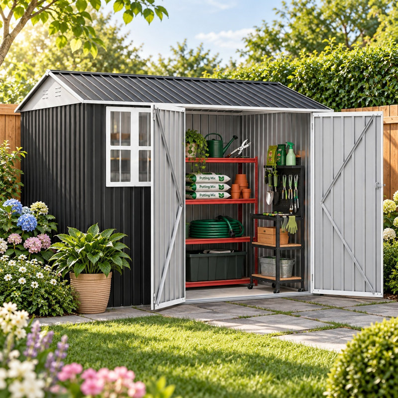 Edrosie Inc 10 ft. W x 10 ft. D Steel Outdoor Storage Shed with Window, Lockable Doors