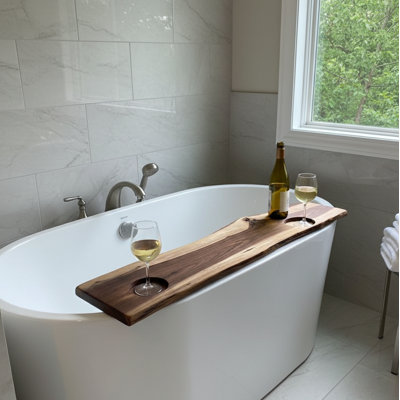 Live Edge Walnut Bathtub Tray | Handmade Wooden Bath Board 36"  Wine Slot