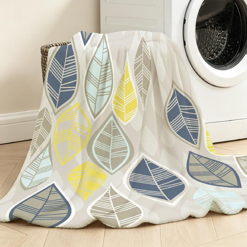 Jeté en molleton bleu flanelle ultra doux, imprimé rétro beige, bleu marine, jaune, Throw 30" x 40"