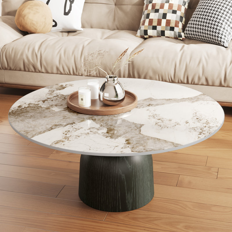 Modern Round Coffee Table with Faux Marble Tabletop and Pedestal Solid Wood, Cocktail Table for Living room & Home Decor