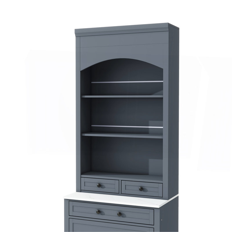 Modern 83.7inch High Kitchen Pantry, Freestanding Tall Kitchen Hutch with Faux Marble Top, Display Cupboard Cabinet with 5 Storage Drawers and Adjustable Shelf, Gray