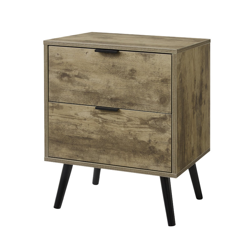 Zena Nightstand Side End Table, 2 Drawers, Light Brown Finish 19 Inch, Brown