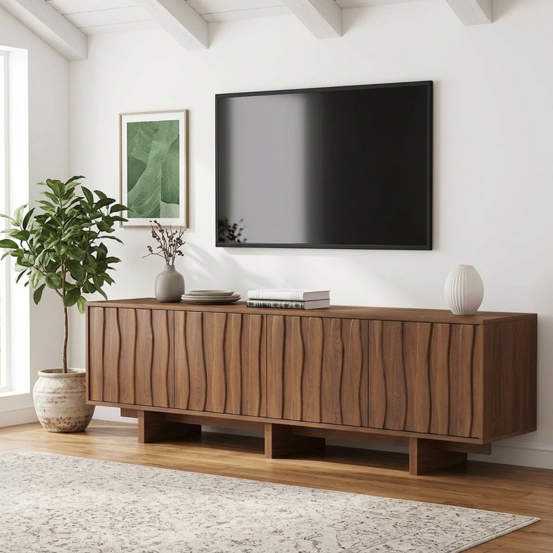 Meuble télé rétro autoportant de 75 pouces avec portes à panneaux ondulés et système de gestion des câbles en noyer