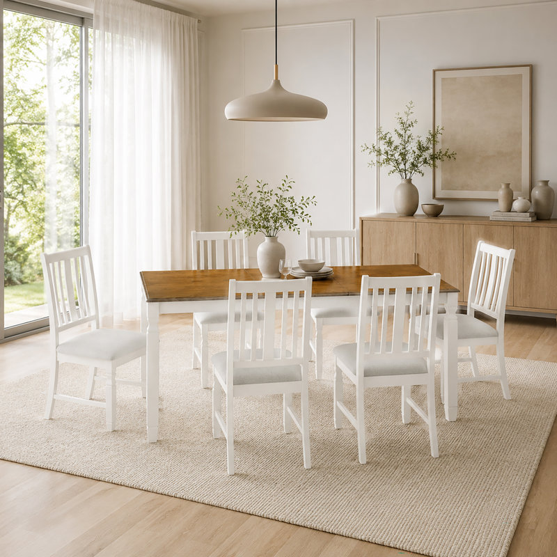 Ensemble de table de salle à manger extensible 7 pièces avec 6 chaises rembourrées, structure en bois d'hévéa massif, plateau de table en grain de bois de chêne, chaises à dossier à lattes, ensemble de table de cuisine de style campagne moderne