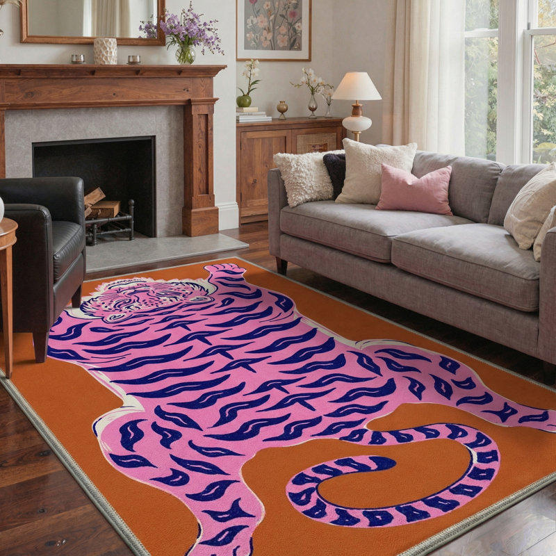 Tapis orange / rose à motif antidérapant Kai Sunset Jungle, Rectangulaire 8 pi x 10 pi