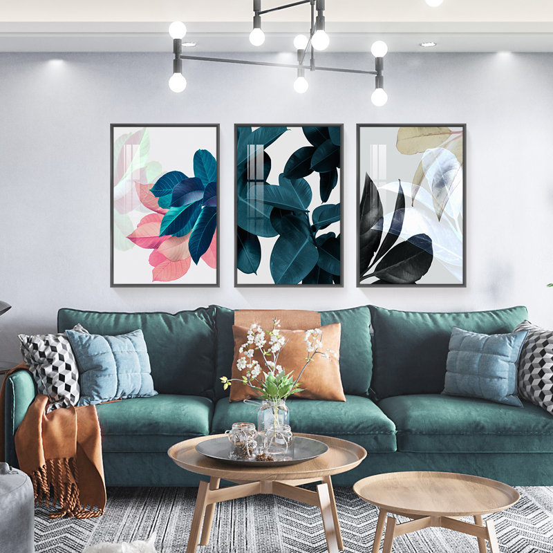 "Plants Aluminium", ensemble de 3 reproductions d'art encadrées sur toile_QS38-1, H 16,3 po x l 36,3 po x P 1,65 po, Noir