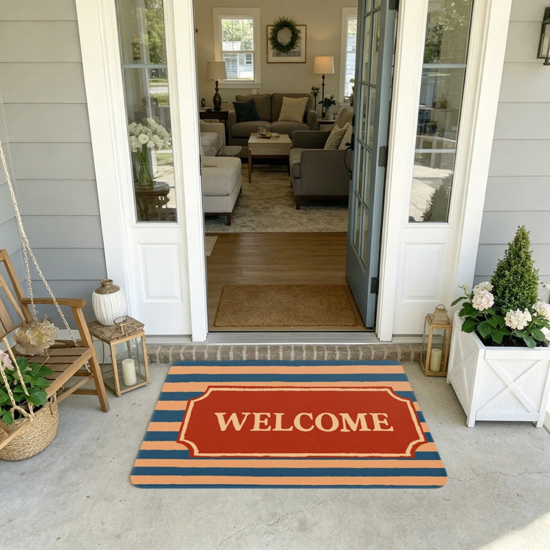 Tapis d'entrée rectangulaire à rayures bleu marine et orange 20 po x 32 po pour vestibule