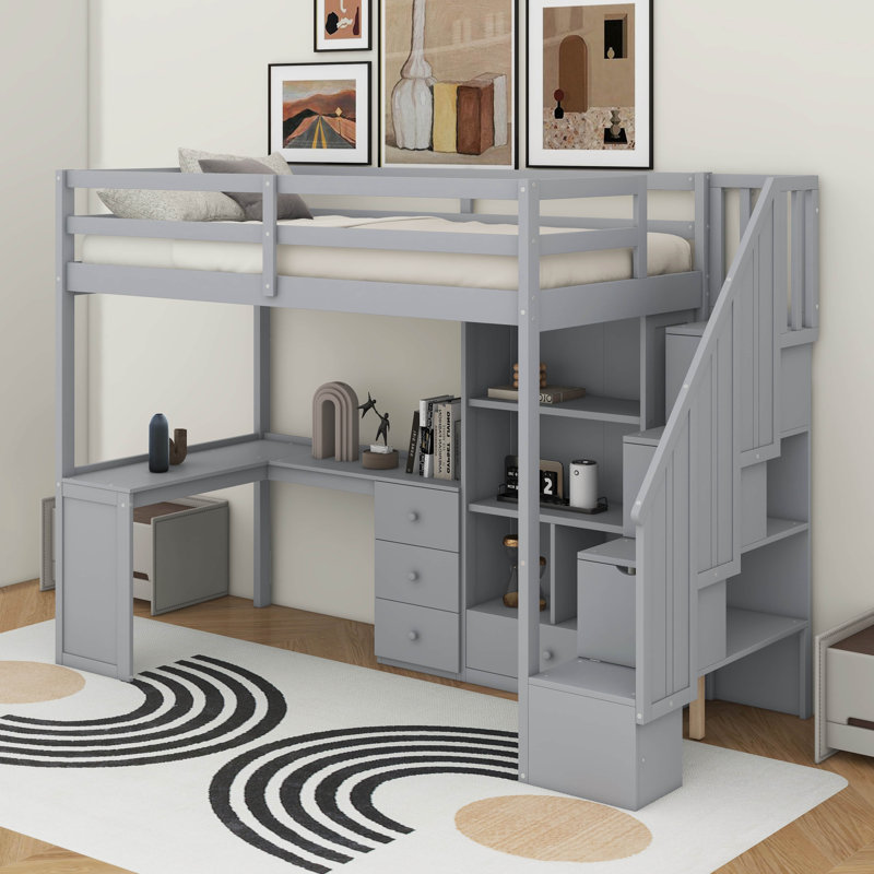 Lit mezzanine simple avec bureau et tiroirs, Grey