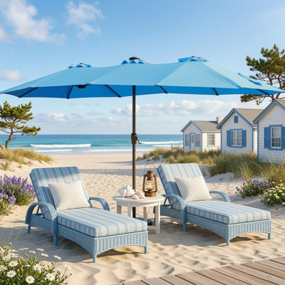 Parasol de marché pour terrasse extensible double face extensible 15 x 9 pieds avec lumière intégrée et base accompagnante (finition bleue)