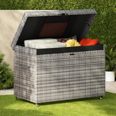230 Gallon Wicker Deck Box With Wheels, All-Weather Outdoor Storage Box, Rattan Storage Bin For Patio Furniture, Outdoor Cushions, Pool Storage And Garden Tools