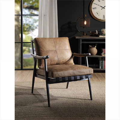 Compact Single-Seat Modern Accent Arm Chair with Metal Legs, Genuine Leather Brown Finish