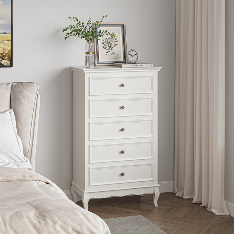 Commode 5 tiroirs pour la chambre à coucher, armoire de rangement moderne avec pieds en bois massif et finition peinte