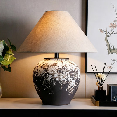 Lampe de table en céramique marbrée noire et blanche de 35 cm, lampe de chevet de style ferme avec abat-jour en lin doux pour la décoration intérieure