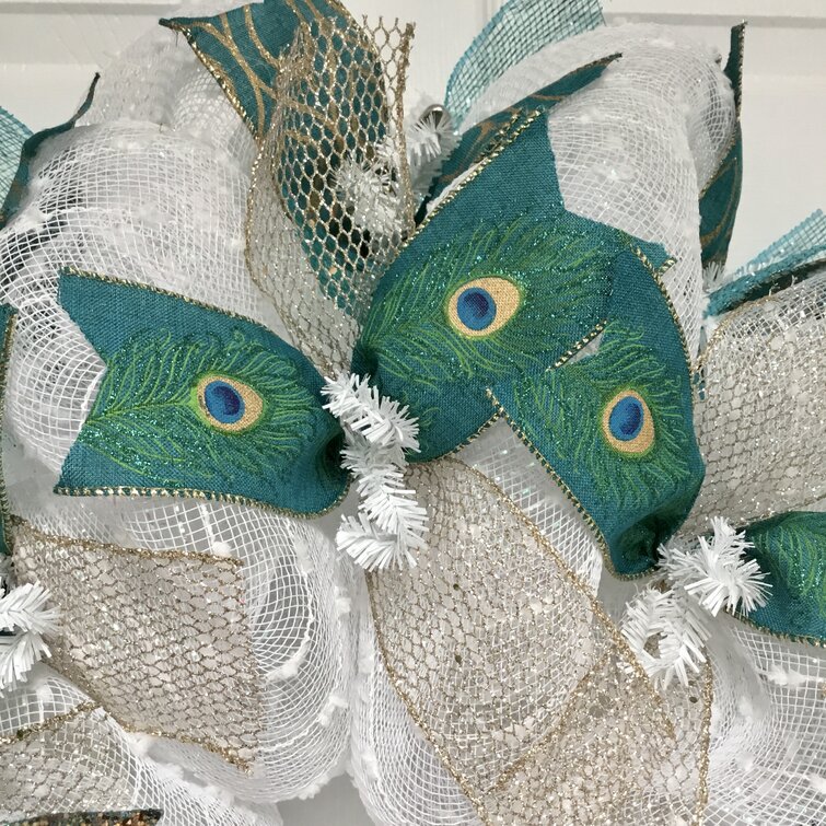 Christmas Wreath With Poinsettia and Peacock Ribbons