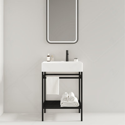 24" Bathroom Vanity with Ceramic Basin, Freestanding Bathroom Console Sink Set Without Faucet, Open Metal Leg, Storage Shelves, Black