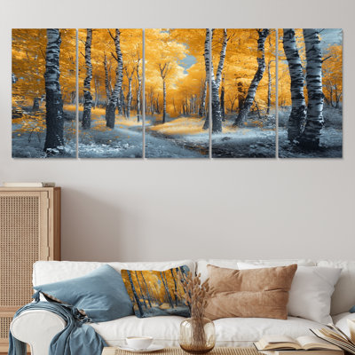 «Autumn Birch Trees Forest Path Panorama I», ensemble d'art mural sur toile