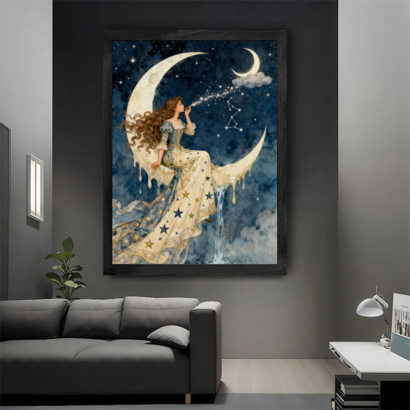Art mural noir inspiré de la lune, femme encadrée, décorations célestes bohémiennes mystiques, H 11 po x l 9 po