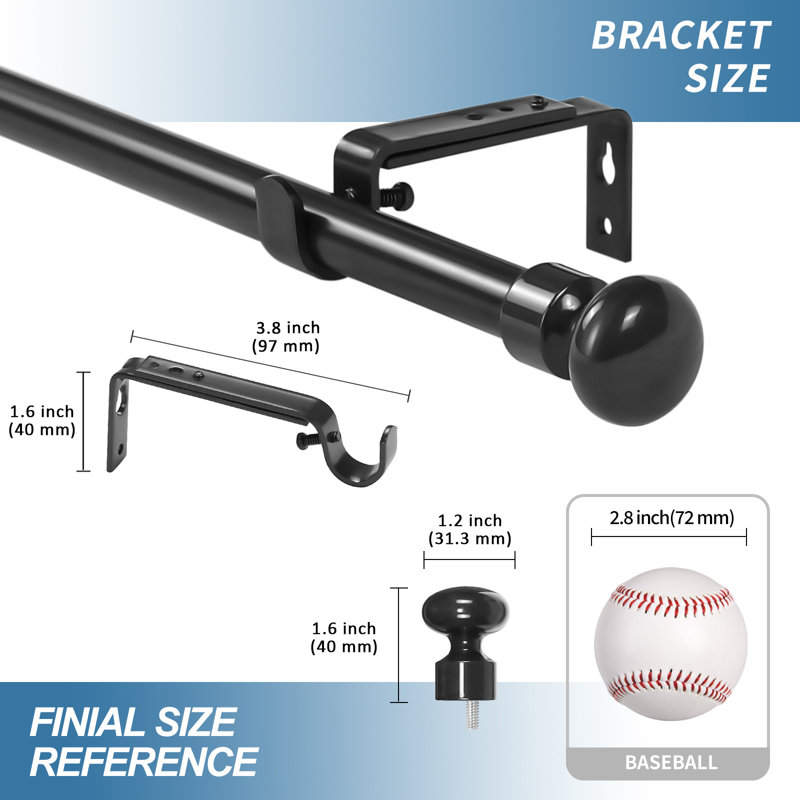 Tringle à rideau simple avec drapeaux Pomonok Finial, Noir, H 1 po x l 84 po x P 1 po
