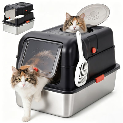 Large Stainless Steel Cat Litter Box with Lid, Enclosed Metal Litter Pan with Front Entry & Top Exit, High-Sided Anti-Leak Design for Large Cats