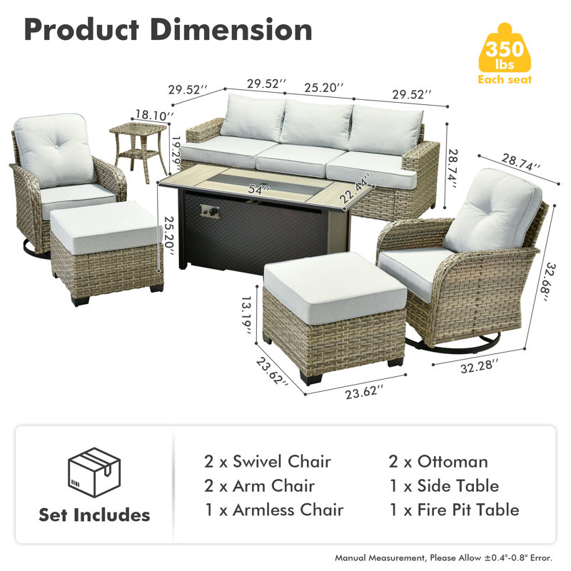 7 - Person Outdoor Seating Group With Cushions And Fire Pit, Grey