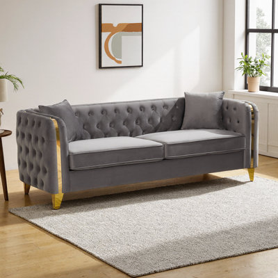 81" Chesterfield Velvet Sofa with Gold Stainless Steel Legs, 3-Seater Button Tufted Couch, European Glam Living Room Sofa, Plush Fabric Sofa for Bedroom & Office, 900 lb Weight Capacity