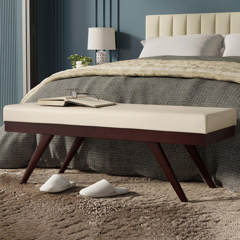 Chanelle 48"W Mid-Century Modern Ottoman Bench with Upholstered Seat and Solid Wood Frame, Beige
