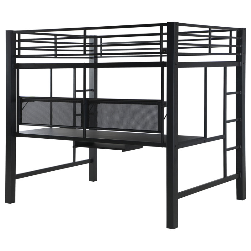 Lit mezzanine en métal noir avec espace de travail, plateau à clavier et tablettes de rangement pour lit de poste de travail double, espace de travail combinant les fonctions