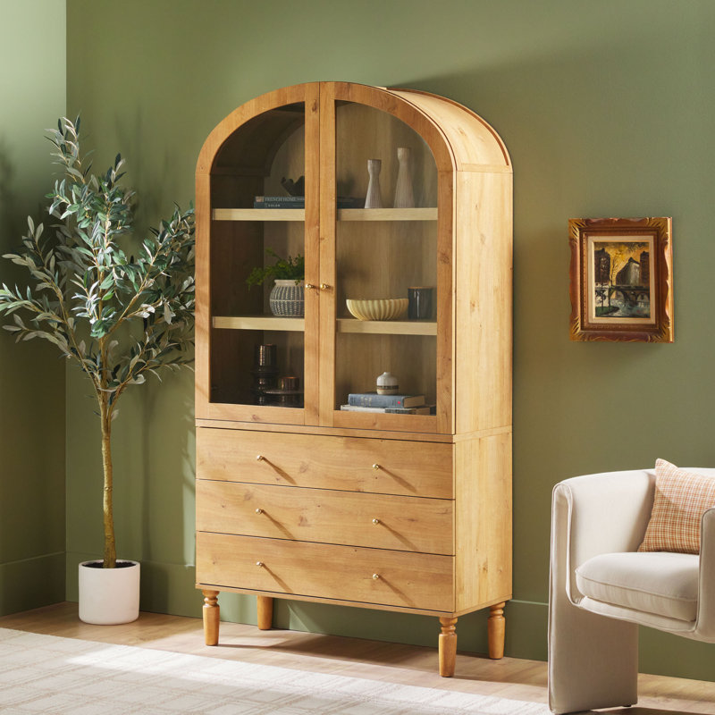 Holzhauer Modern Arched Glass Bookcase With Drawers, English Oak
