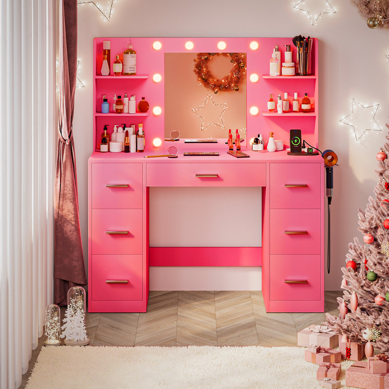 Makeup Vanity with USB Outlet & 3-Color Adjustable Lights - Large Storage Dressing Table with 7 Drawers, Side Hair Dryer Holder, Mirror for Bedroom