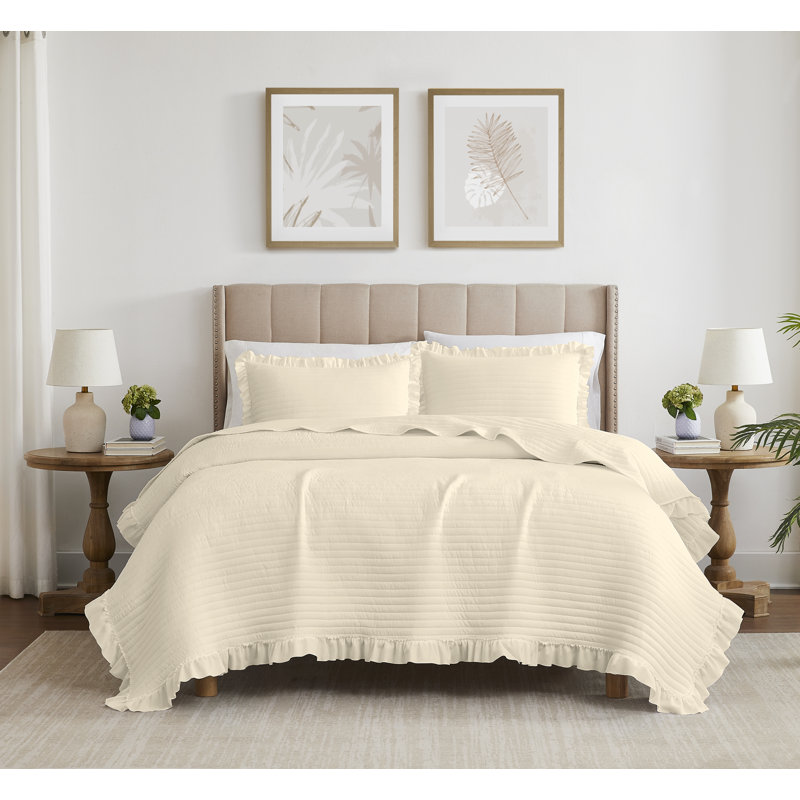 Carla Beige Queen Polyester Quilt Set with Fringe Detailing