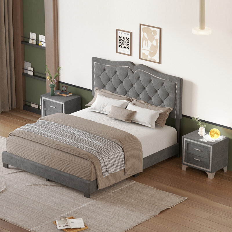 Lit plateforme tapissier Jitreo, Grand, Gris
