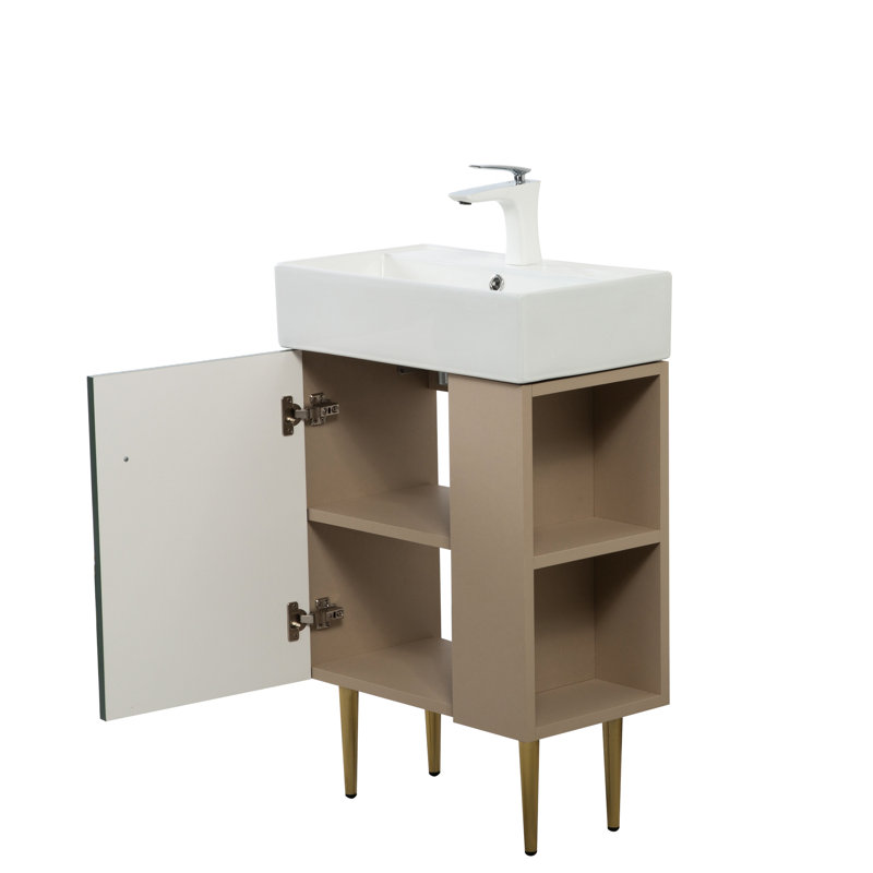 Meuble-lavabo de 55 cm avec tablette ouverte à droite, grande capacité de rangement, en bois massif, lavabo en céramique, portes à fermeture amortie, installation de tuyauterie simple, design élégant, revêtement imperméable pour armoires.