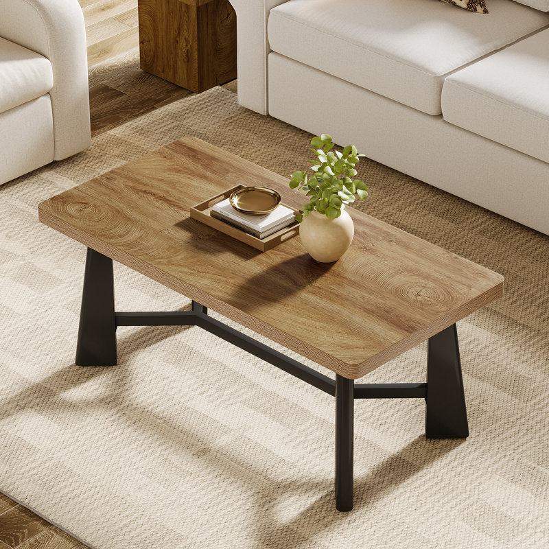 Grande table basse de 47,2 po avec pieds noirs robustes et base à barre transversale, grande table centrale moderne pour le salon, assemblage rapide en 15 minutes