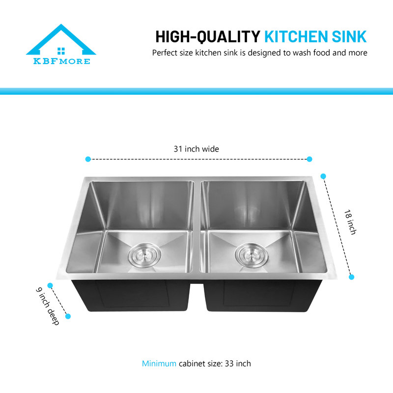Évier de cuisine en acier inoxydable à double cuve étroite seulement KBFmore, H 9 po x l 31 po x P 9 po, Calibre 16