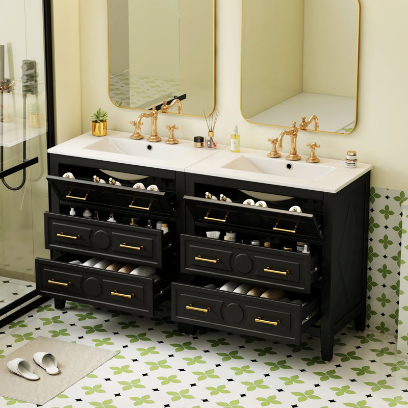 Meuble-lavabo autoportant avec tiroirs de rangement, Noir