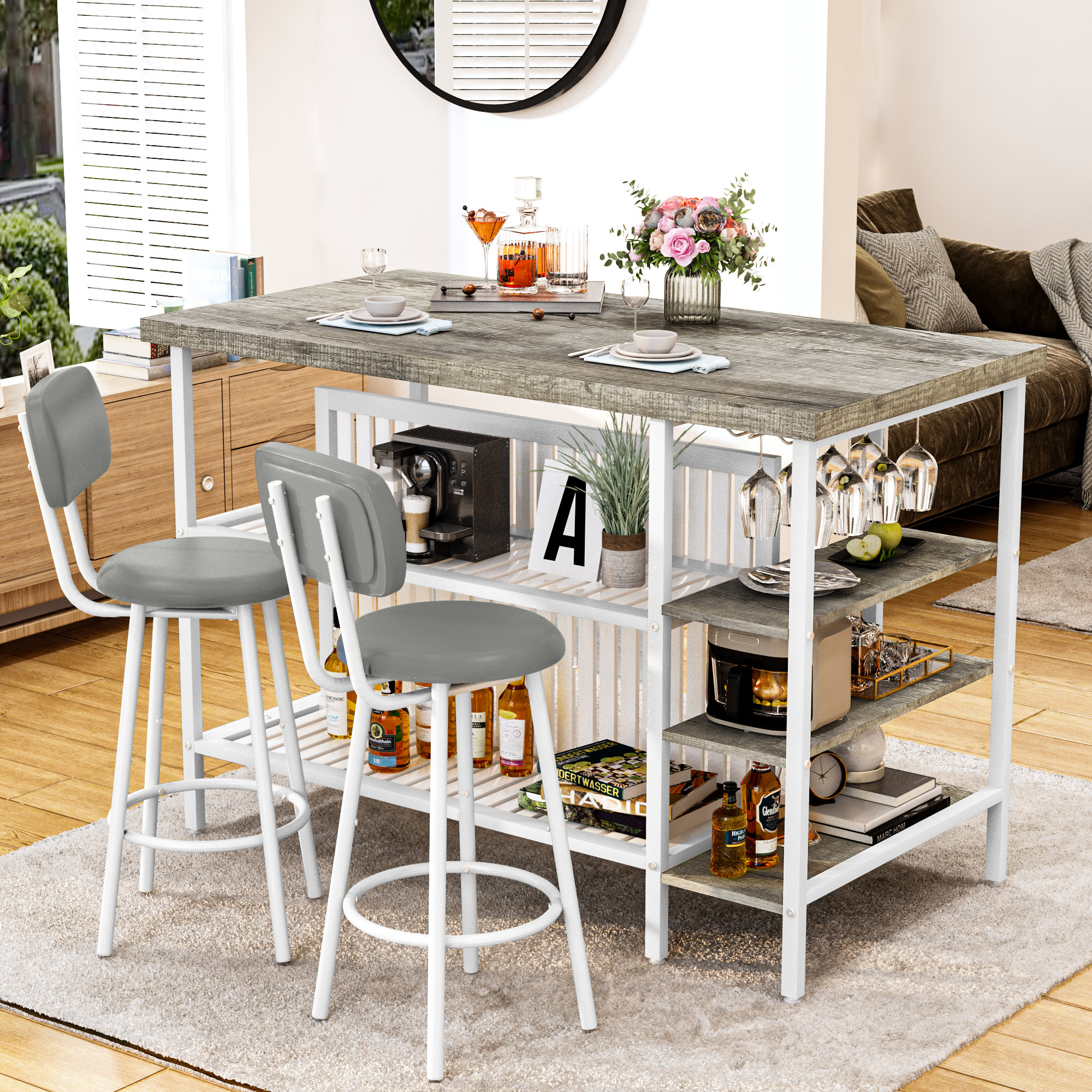 Ebern Designs White Kitchen Table Set - 3 Piece Dining Room Set with Storage and Upholstered Chairs, image size:2000x2000