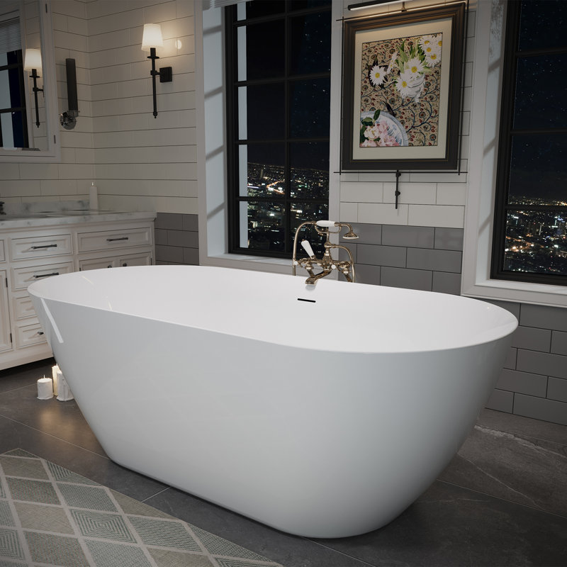 63 inch Acrylic Freestanding Bathtub, Oval Deep Soaking Tub with Center Pop-Up Drain and Integrated Overflow, Glossy White, cUPC Certified
