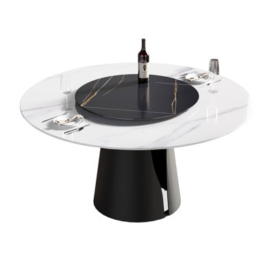 57.81" Modern Dining Table - Sintered Stone Surface Accommodates 6 Black Carbon Steel Base 31.5" Rotatable Disk Fire , Easy To Wipe Clean With Top Pedestal Rotating Heat & Stain