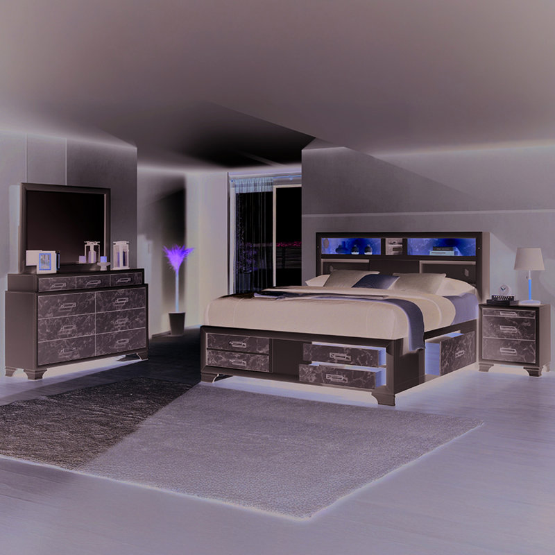 Contemporary, White Wood Full Bed, Marble Accents, Speakers, - C Charging Stylish Contemporary Bed With Frame, Headboard Lighting, Storage Drawers And Tech Setup