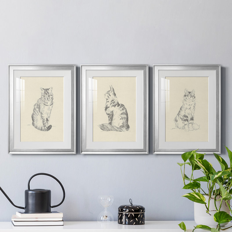 House Cat I - ensemble de 3 reproductions de dessins encadrés, H 36,5 po x l 79,5 po x P 1 po, Cadre argenté