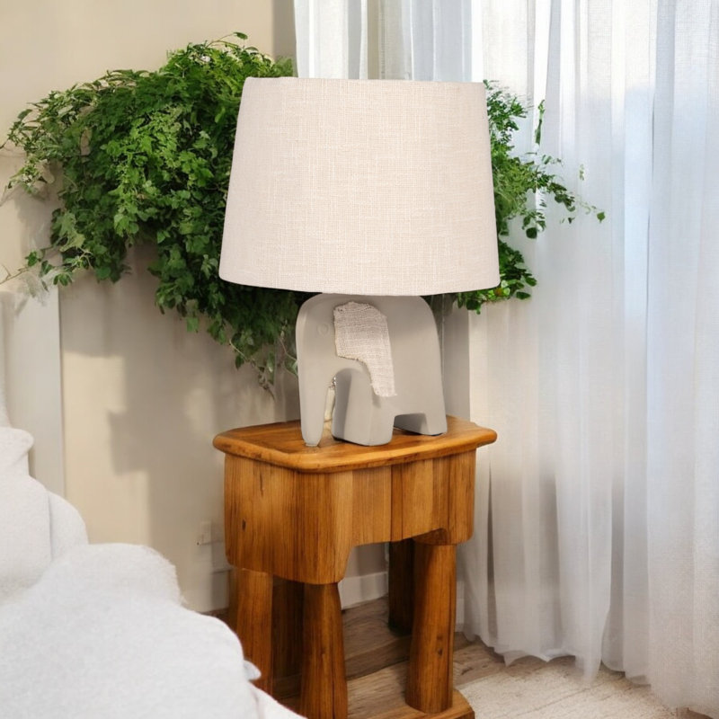 Herminio Boho Table Lamp - Ecomix & Fabric with Elephant Design - 18" Ivory & Tan Accent for Bedroom, Living Room, Home & Office