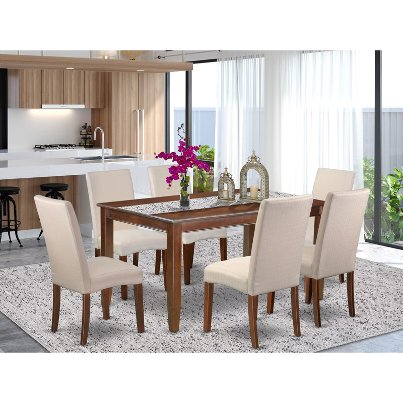 Table de salle à manger 7 pièces 60 pouces rectangulaire et 6 chaises Parsons avec pieds en acajou et tissu de lin crème, 7