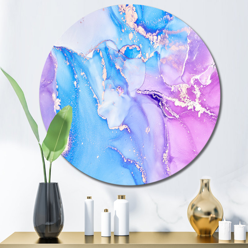 Bleu et mauve abstrait marbre II - art mural moderne en cercle métallique, H 29 po x l 29 po