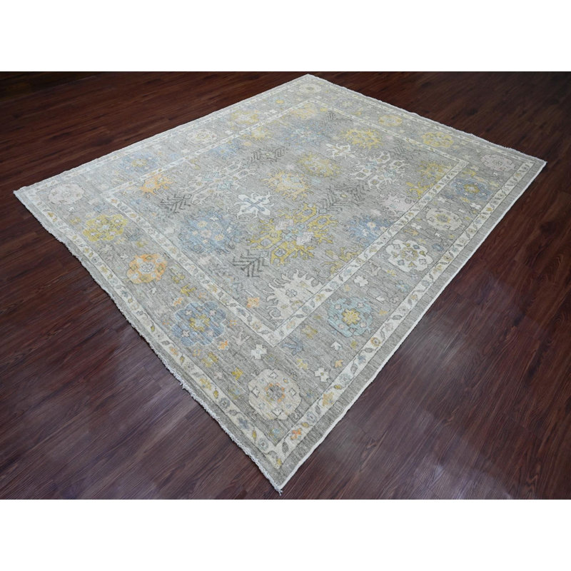 Tapis gris en laine noué à la main 8 pi x 9 pi 7 po Angora